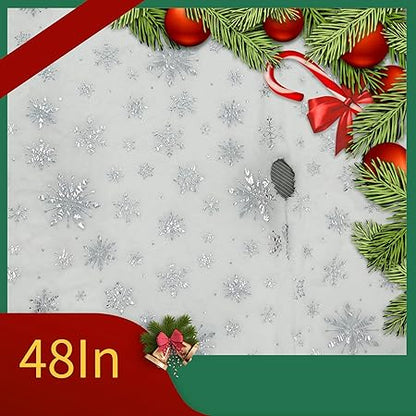 Christmas Tree Skirt, 48 Inch White Luxury Faux Fur  Silver Sequin Snowflakes, 4ft Xmas Tree Skirt for Holiday Tree for Holiday Ornaments Party