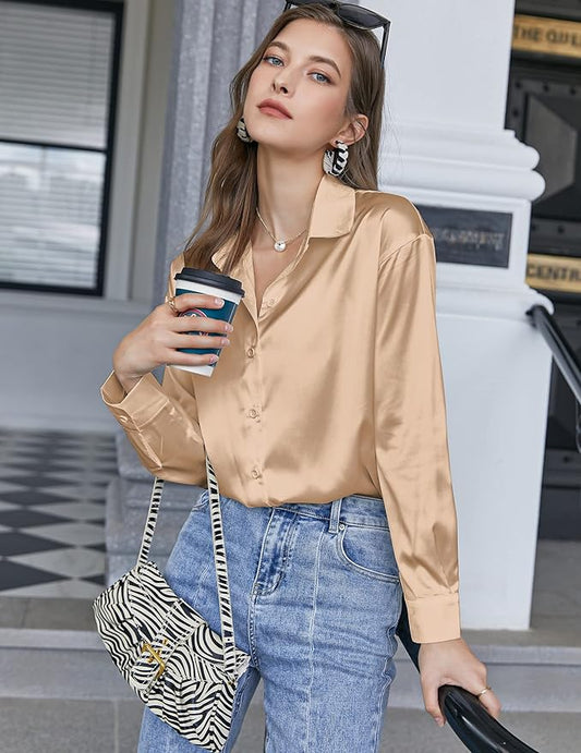 Chigant Women's Blouse Satin Silk Shirts Button Down Shirts Casual Loose Long Sleeve Office Work Tunic Tops