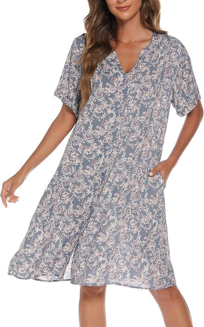 YOZLY House Dress Women Cotton Duster Robe Short Sleeve Housecoat Button Down Nightgown