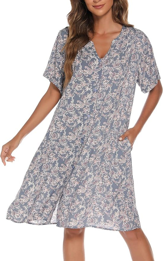 YOZLY House Dress Women Cotton Duster Robe Short Sleeve Housecoat Button Down Nightgown