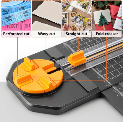 4-in-1 Paper Cutter - 12" Paper Trimmer Multi-Function Scrapbooking Tool with Straight, Wave, Perforated & Creasing Blades for Craft Paper,Cardstock, Coupon, Label, Photo,Postcard (Black)