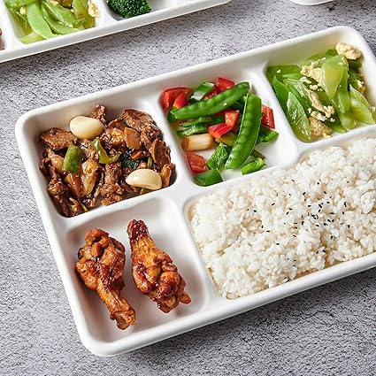 Vplus 100 Compostable 5 Compartment Paper Plates, 100 Pack, 12.5 x 8.6 inch Disposable School Lunch Trays, Eco-Friendly Bagasse Plates for Buffet, and Party