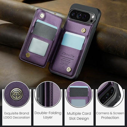 Compatible with Google Pixel 9 Pro XL 5G 6.8" Wallet Case with Card Holder RFID Blocking for Women Men, Double Magnetic Clasp Kickstand Shockproof Phone Case for Pixel 9 Pro XL, Purple