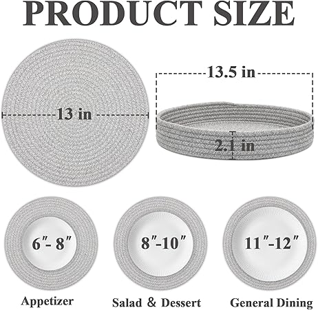 Round Placemats Set of 6 with Holder, Cotton Rope Woven Place Mats, Hot Pads for Kitchen, Heat Resistant Table Mats, 13 Inch Farmhouse Washable Braided Placemat for Kitchen Decor (Gray)
