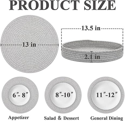 Round Placemats Set of 6 with Holder, Cotton Rope Woven Place Mats, Hot Pads for Kitchen, Heat Resistant Table Mats, 13 Inch Farmhouse Washable Braided Placemat for Kitchen Decor (Gray)