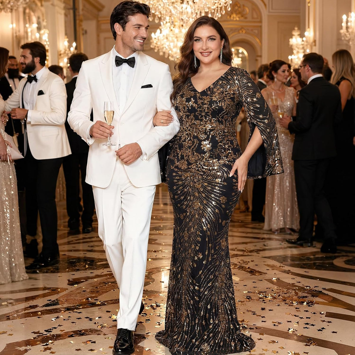 BluePlum Plus Size Formal Dresses for Women with Embroidery Sequin and Cape Sleeve, V-Neck Maxi Dress for Wedding and Party.