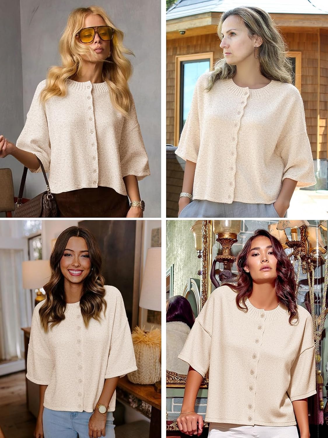 Womens 3/4 Sleeve Cardigan Sweater Button Down Cropped Crewneck Cardigan 2025 Fall Casual Knit Tops