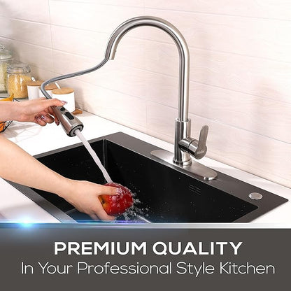Mueller Single Handle Stainless Steel Kitchen Sink Faucet, High Arc, Single Lever, Pull-Out Sprayer Head, Stream Flow, Powerful Spray Kitchen Sink, with Deck Plate Brushed Nickel Finish