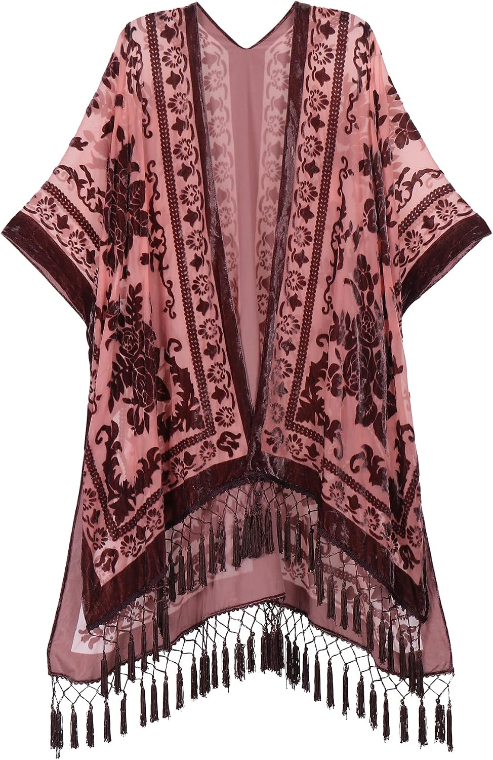 WeHello Women's Burnout Velvet Kimono Long Cardigan Cover Up With Tassel.