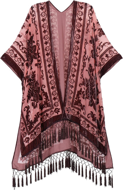 WeHello Women's Burnout Velvet Kimono Long Cardigan Cover Up With Tassel.