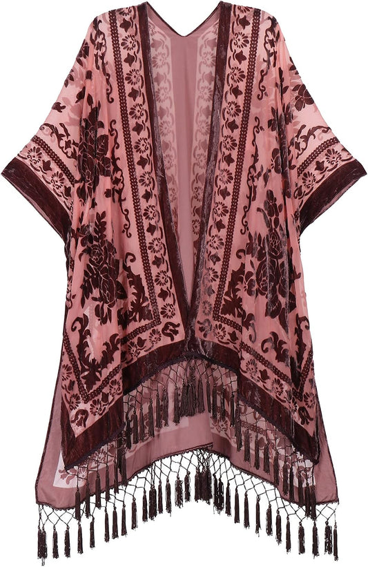 WeHello Women's Burnout Velvet Kimono Long Cardigan Cover Up With Tassel.