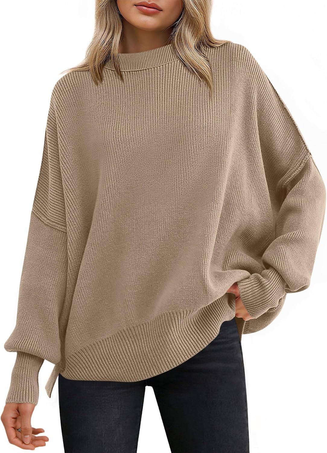ANRABESS Women's Oversized Knit Sweaters 2026 Fall Outfits | Batwing Long Sleeve Crew Neck Side Slit Pullover Top?Comfort Winter Fashion Layering Clothes, Casual Everyday Wear