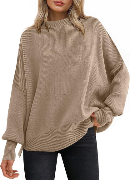 ANRABESS Women's Oversized Knit Sweaters 2026 Fall Outfits | Batwing Long Sleeve Crew Neck Side Slit Pullover Top?Comfort Winter Fashion Layering Clothes, Casual Everyday Wear