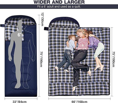 REDCAMP Flannel Sleeping Bag for Adults, Comfortable Cotton Sleeping Bags for Camping with Detachable Hood, RedGreyBlue