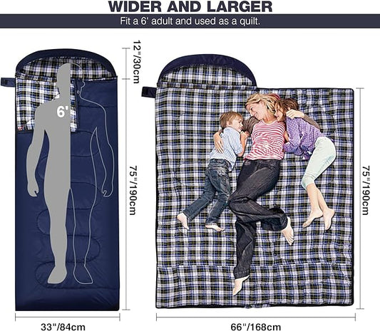 REDCAMP Flannel Sleeping Bag for Adults, Comfortable Cotton Sleeping Bags for Camping with Detachable Hood, RedGreyBlue