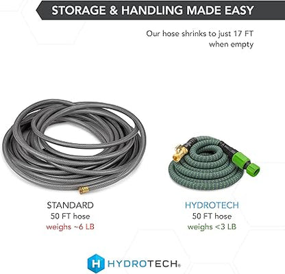 HydroTech 50 ft Expandable Garden Hose with Patented Force Control Technology - 58" No-Kink Flexibility, Lightweight Hose for Lawn, Garden, Car Washing, Deck and Patio Cleaning