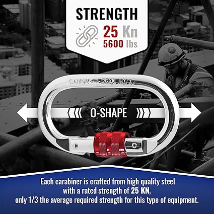 Carabiner Clip  UIAA Certified 25 kN 5620 LB, Large Heavy Duty Carabiners for Climbing: Oval-Shape, Screw Locking Steel Caribeener Clips, Hammocks, Hiking, Camping  Durable Tested
