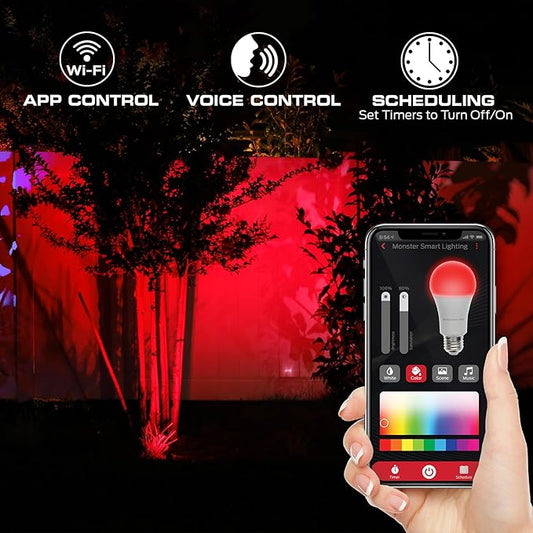 Monster Smart Outdoor RGBICWW Spotlights 4 Pack, Dimmable LEDs, Sound Reactive, IP44 Water  Weather Resistant, Compatible with Alexa, Siri, Google Home, App, Razer Chroma, Voice Controlled