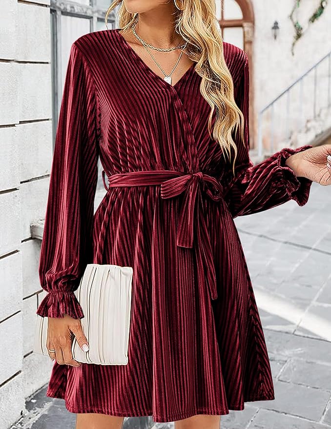 HOTOUCH Women's Velvet Dress Wrap V Neck Flared Dress Long Lantern Sleeve Dresses with Belt Cocktail Party Dress