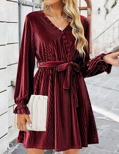 HOTOUCH Women's Velvet Dress Wrap V Neck Flared Dress Long Lantern Sleeve Dresses with Belt Cocktail Party Dress