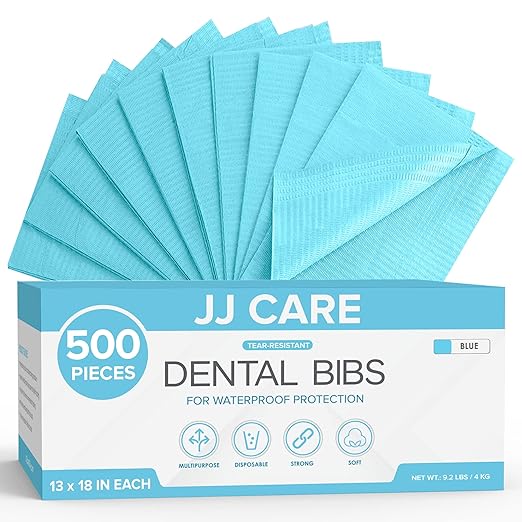 JJ CARE Dental Bibs Pack of 500 - 13" x 18" Blue Dental Bibs, 3 Ply Waterproof Dentist Bibs, Dental Bibs Disposable for Eyelash Extension, Patient Bibs for Nail Art, Dental Napkins for Piercing