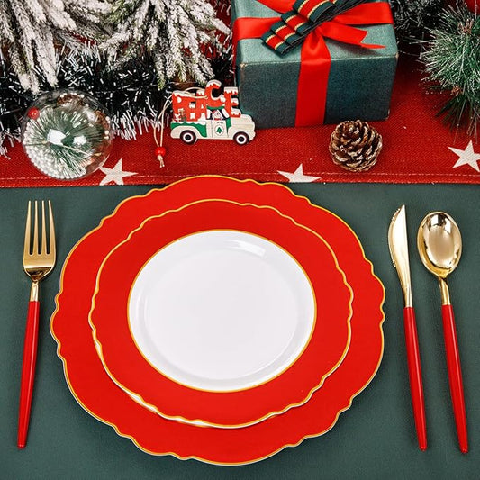 WDF 60pcs Red valentines Plastic Plates Gold Rim - 10.25inch Red Dinner Plates Disposable Plates Table Decor for Christmas Party