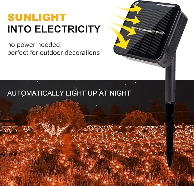 kemooie 2 Pack 100 LED Orange Solar Halloween Lights, 8 Twinkle Modes Waterproof Upgraded Solar Powered Fairy Lights, for Outdoor Garden Patio Christmas Halloween Decorations (Orange)