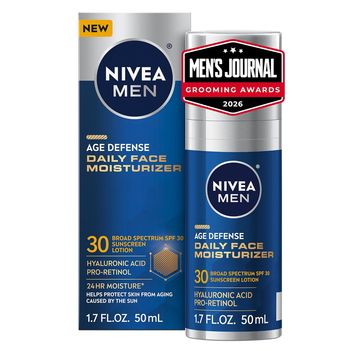 NIVEA MEN Age Defense Daily Face Moisturizer with Broad Spectrum SPF 30 Sunscreen, Pro-Retinol and Hyaluronic Acid, Beard-Friendly Face Lotion Helps Defend Against UVA/UVB Rays, 1.7 Fl Oz Bottle