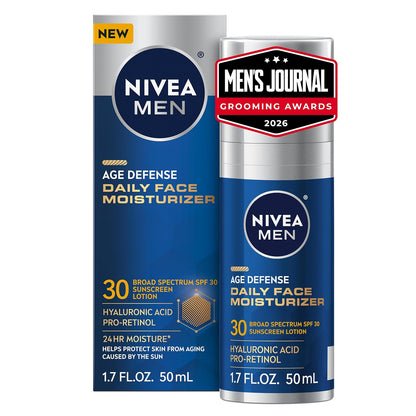 NIVEA MEN Age Defense Daily Face Moisturizer with Broad Spectrum SPF 30 Sunscreen, Pro-Retinol and Hyaluronic Acid, Beard-Friendly Face Lotion Helps Defend Against UVA/UVB Rays, 1.7 Fl Oz Bottle