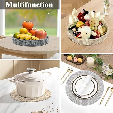 Round Placemats Set of 6 with Holder, Cotton Rope Woven Place Mats, Hot Pads for Kitchen, Heat Resistant Table Mats, 13 Inch Farmhouse Washable Braided Placemat for Kitchen Decor (Gray)