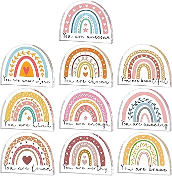 10 Pcs Rainbow Acrylic Gifts Bulk Inspirational Quotes Rainbow Acrylic Paperweight Keepsake Gifts for Women Teacher Friend Birthday Mother's Day Gifts Office Desk Decors