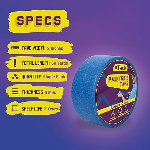 ATack Professional Blue Painter's Tape, 2" x 60 Yards (Single Roll), Sharp Edge Line Technology - Produces Sharp Lines and Residue-Free Artisan Grade Clean Release Wall Trim Tape