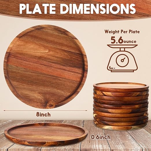 Rtteri 12 Pcs Acacia Round Dinner Plates Wood Tray Round Wooden Charger Plate for Sandwich Dishes Snack Dessert Salad Fruit, Easy Cleaning Lightweight, 8 Inch