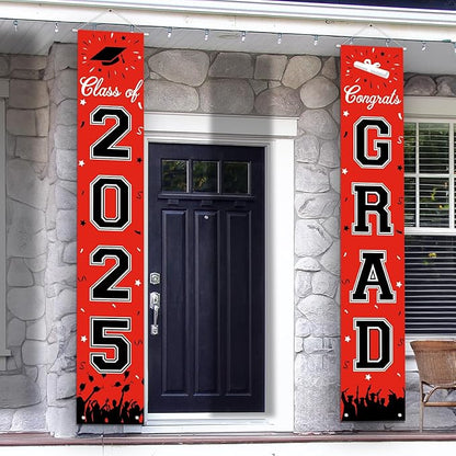 Graduation Decorations 2025, Graduation Banner Class of 2025, Hanging Congratulations/Congrats Grad Banner for Door and Porch, Party Decor - Red