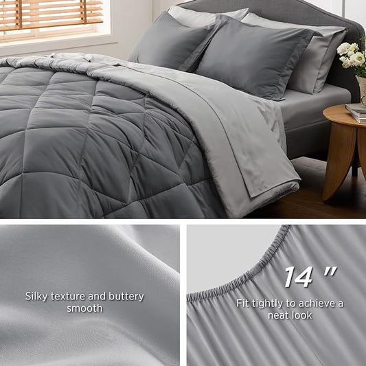 Bedsure Queen Comforter Set - 7 Pieces Reversible Dark Grey Bedding, Queen Size Bed Set for All Seasons, Bed in a Bag with Down Alternative Comforter, Sheets, Pillowcases  Shams