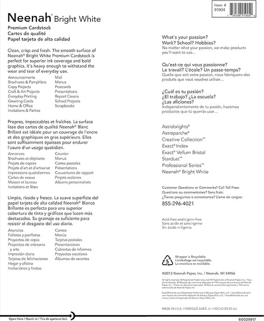 Neenah Premium Cardstock, 8.5" x 11", 65 lb/176 gsm, Bright White, 250 Sheets (91904)