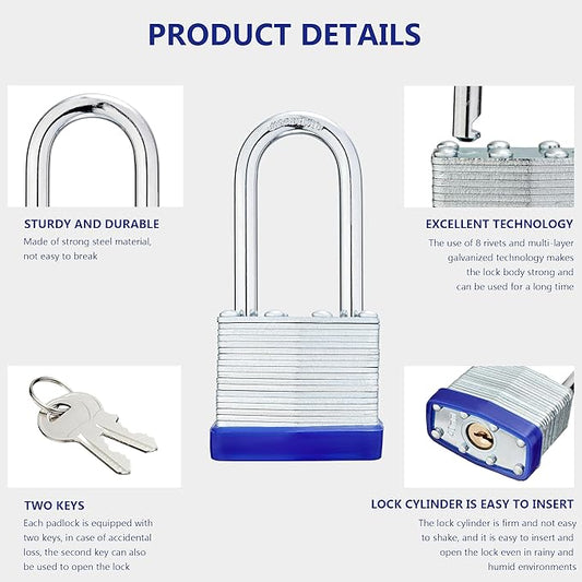 Lock Outdoor Padlocks, Laminated keyed Padlock, 1-9/16 in Wide Body, Padlock Set with Keys, Long Shackle (1Pack)