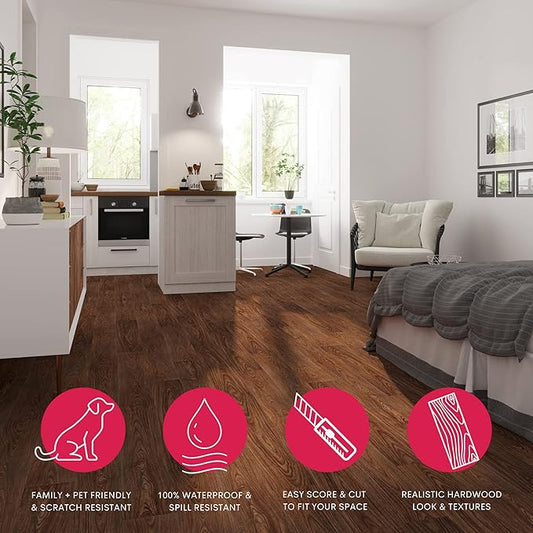 LUCiDA SURFACES Luxury Vinyl Flooring Tiles  Peel and Stick Floor Tile for DIY Installation  12 Wood Look Planks  Chestnut  BaseCore  18 Sq. Feet