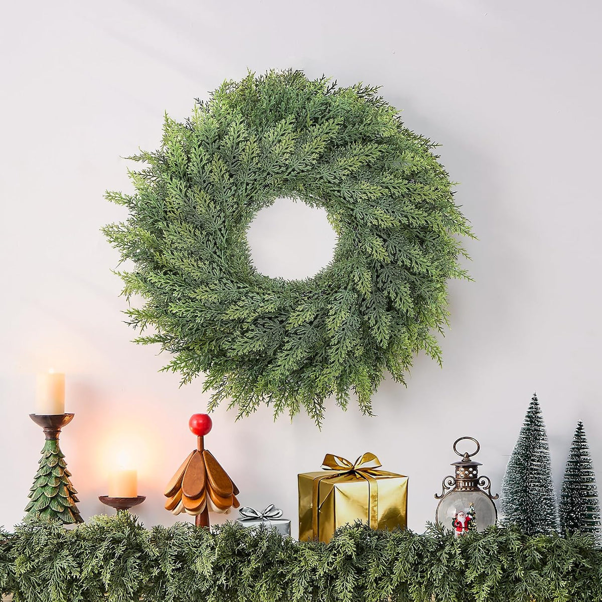 Small Greenery Cedar Wreath - 18" Artificial Real Touch Wreath for Front Door Windows Outdoor Indoor Decor Weatherproof Traditional Holiday Decorations