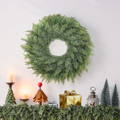 Small Greenery Cedar Wreath - 18" Artificial Real Touch Wreath for Front Door Windows Outdoor Indoor Decor Weatherproof Traditional Holiday Decorations