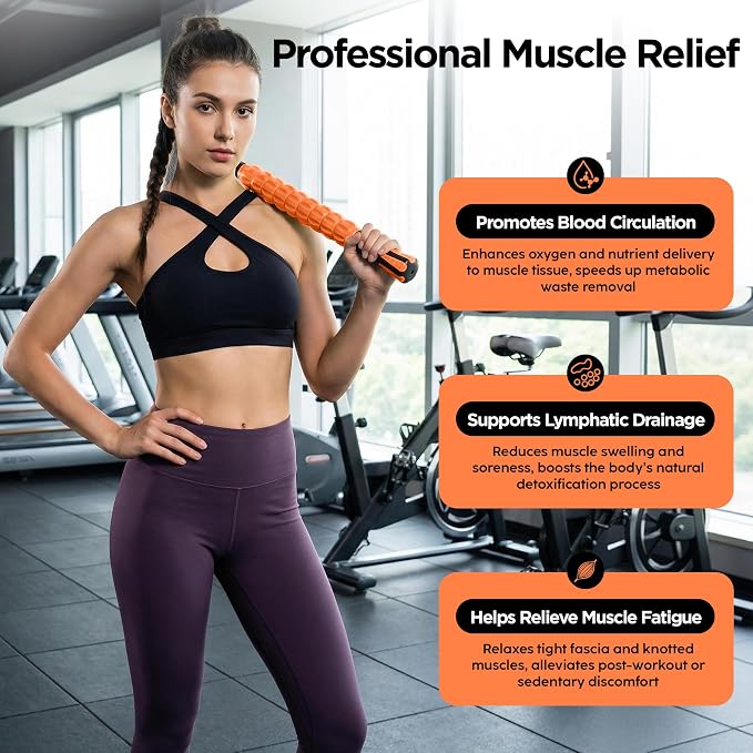 Muscle Roller & Massage Roller Stick for Athletes - Lymphatic Drainage Support, Relieves Muscle Soreness, Cramping & Tightness - Targets Legs, Arms, Back & Calves (Orange Wheel)