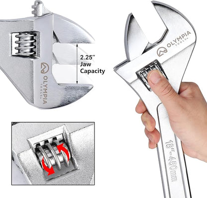 Olympia Tools 18" Adjustable Wrench, Heavy Duty Drop Forged Steel, Chrome Plated, Precision Machined Jaws, Rust Resistant