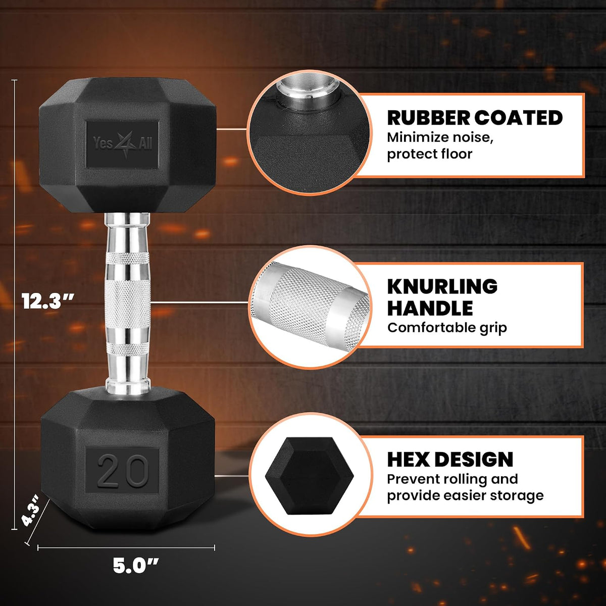 Yes4All Chrome Grip Encased Hex Dumbbells Ц Hand Weights With Anti-Slip 5-50 LBS Single