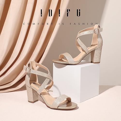 IDIFU Women's IN3 Grace Strappy Block Heels Sandals Comfy Open Toe Chunky Dress Wedding Shoes with Adjustable Cross Strap