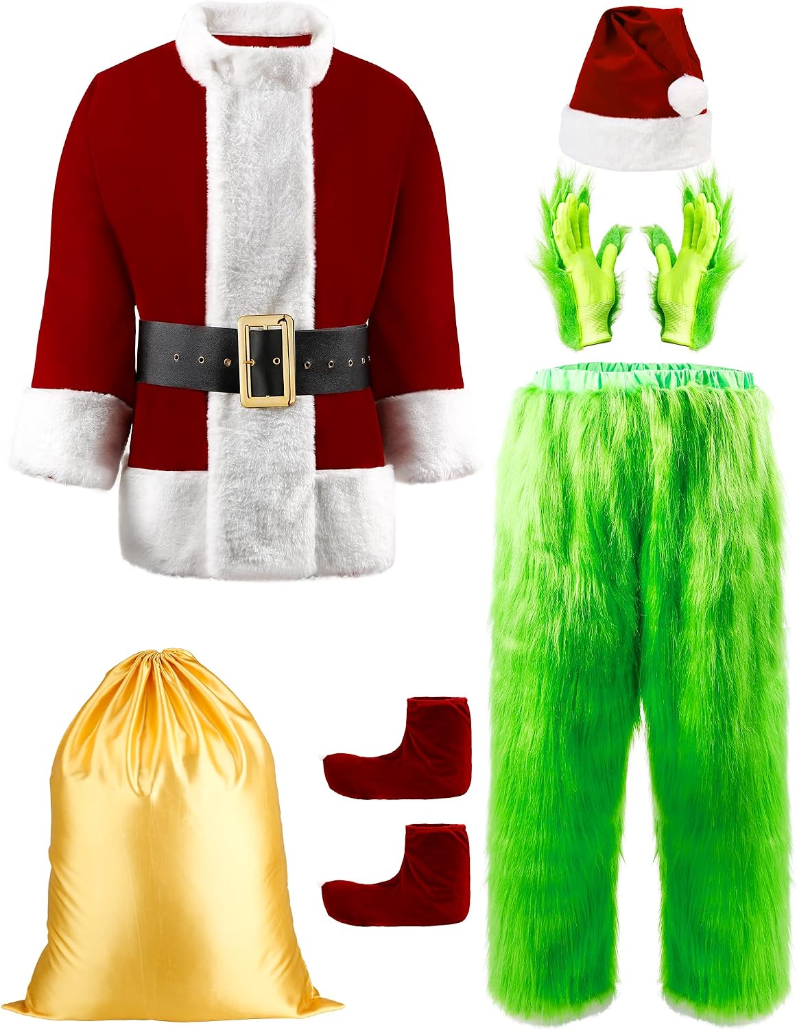 Halloween Costumes Adult, Green Costume 8PCS Christmas Santa Claus Costume for Men Cosplay Costume With Mask