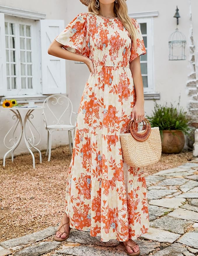 ZESICA Women's 2025 Summer Casual Floral Print Short Flutter Sleeve Crew Neck Smocked High Waist Flowy Maxi Dress