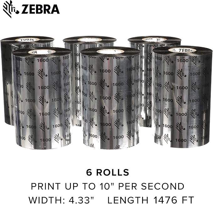 Zebra Standard Black Wax Ribbon for Industrial Thermal Transfer Printers 4.33 in Wide 1476 ft Long 1 in Core Pack of 6 Rolls Compatible with Multiple Models 10031729SP