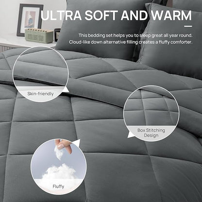 Love's cabin California King Comforter Set Dark Grey, 7 Pieces California King Bed in a Bag, All Season Bedding Sets with 1 Comforter, 1 Flat Sheet, 1 Fitted Sheet, 2 Pillowcase and 2 Pillow Sham