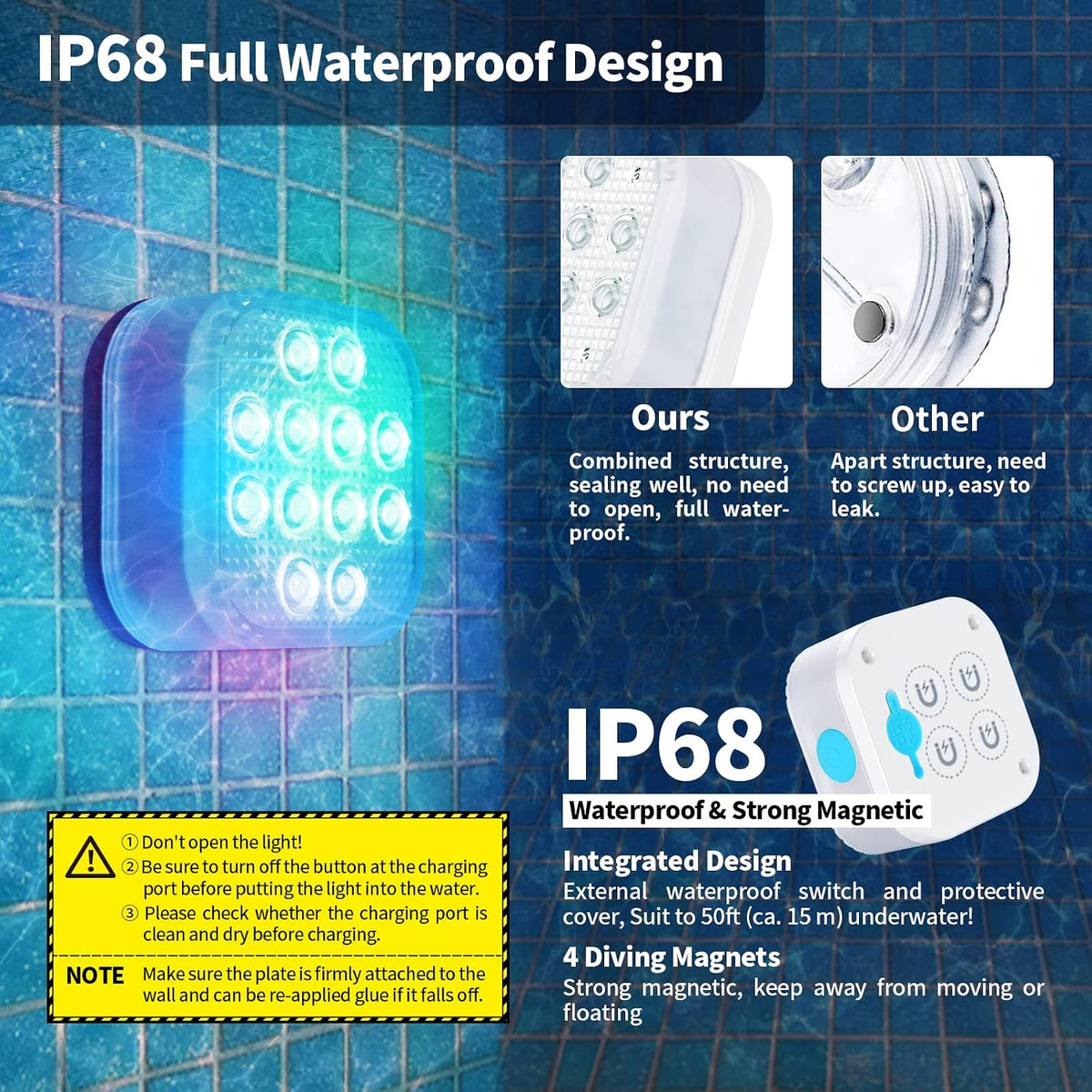 REFURBISHED- LIGHT ONLY- Rechargeable Submersible Pool Lights, Waterproof Underwater Smart LED Lights Controlled Multiple Lighting Modes, 4000mAh Magnets Lights for Multi Scene Pool Decoration (light only - 1 pack)