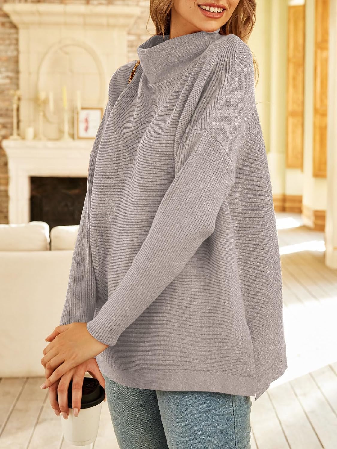 LILLUSORY Women Mock Turtleneck Sweater Oversized Long Tunic Winter Clothes | Mock Neck, Slide Slit, Cozy Comfy, Plus Size, Casual Knit, Pullover Tunics, Wear with Leggings, 2026 Winter Clothes
